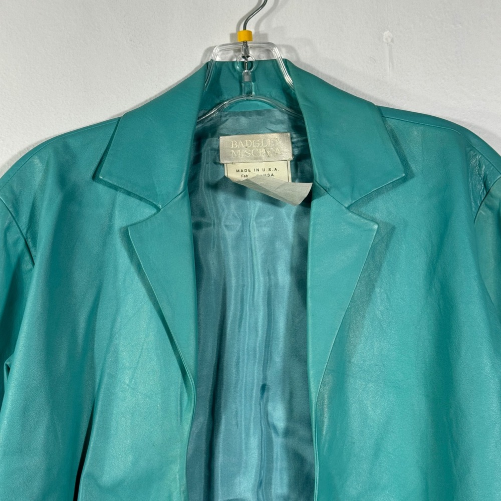 Badgley Mischka Vintage Teal Leather Jacket Silk Lined Cropped Tie Waist Sz‎ M/8 - Picture 4 of 15